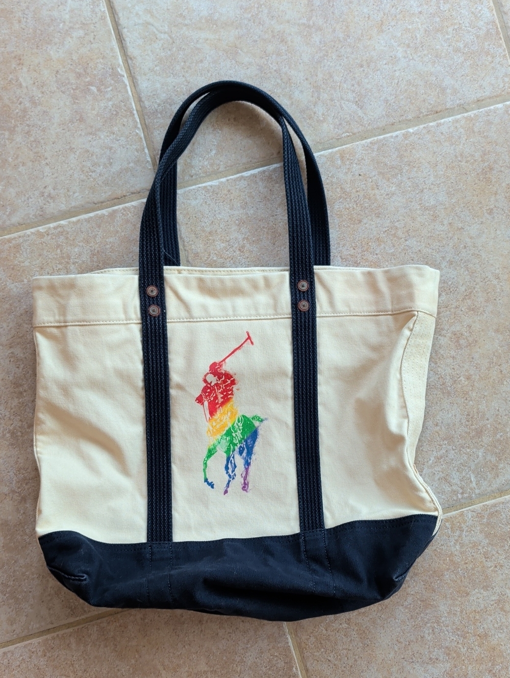 RALPH LAUREN NATURAL CANVAS Pride LARGE LOGO TOTE BAG Cream Blue NWT - Picture 5 of 8